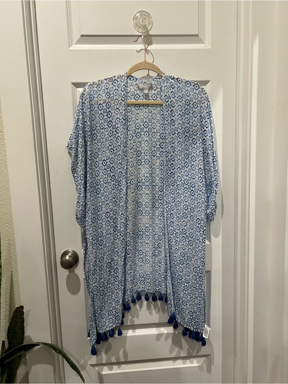 Nordstrom Blue and White Patterned Kimono with Tassels